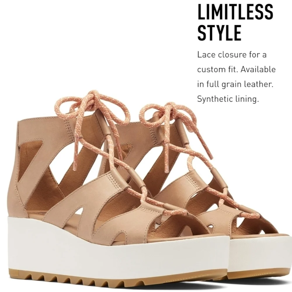 Sorel Cameron Flatform Lace Wedge Sandal Honest Beige Gum NEW